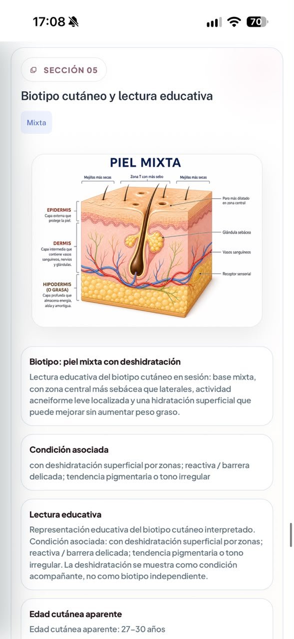 Vista móvil de QUTIS mostrando diagnóstico facial y biotipo cutáneo